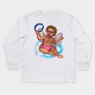 Curly haired Angel playing the tambourine on a cloud- blissful Sun kissed curly haired Baby cherub angel classical art Kids Long Sleeve T-Shirt